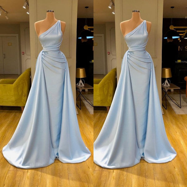 Elegant Light Blue Long Mermaid One shoulder Overskirt Soft pleated Prom Dress-showprettydress