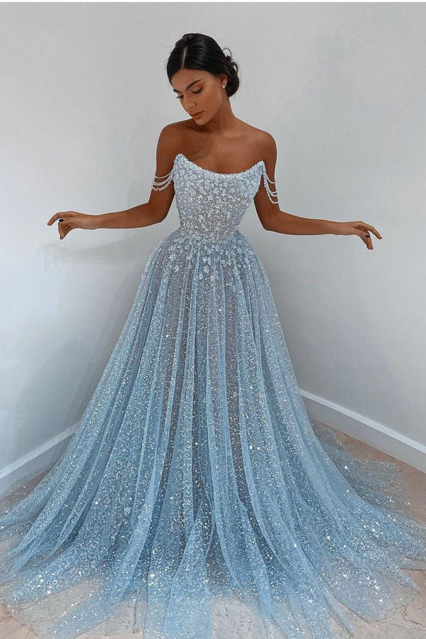 Elegant Light Blue Tulle Sequins Evening Dress Strapless Long-showprettydress