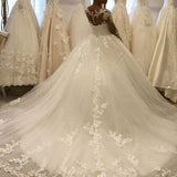 Elegant Long A-Line Bateau Appliques Lace Ruffles Tulle Wedding Dress with Sleeves-showprettydress