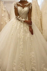 Elegant Long A-Line Bateau Appliques Lace Ruffles Tulle Wedding Dress with Sleeves-showprettydress