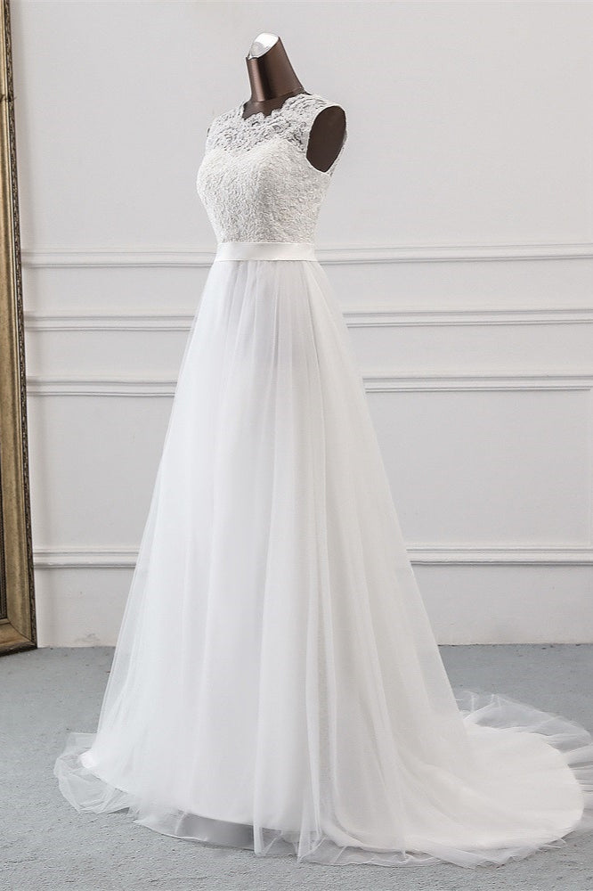 Elegant Long A-line Jewel Tulle Appliques Lace Wedding Dress-showprettydress