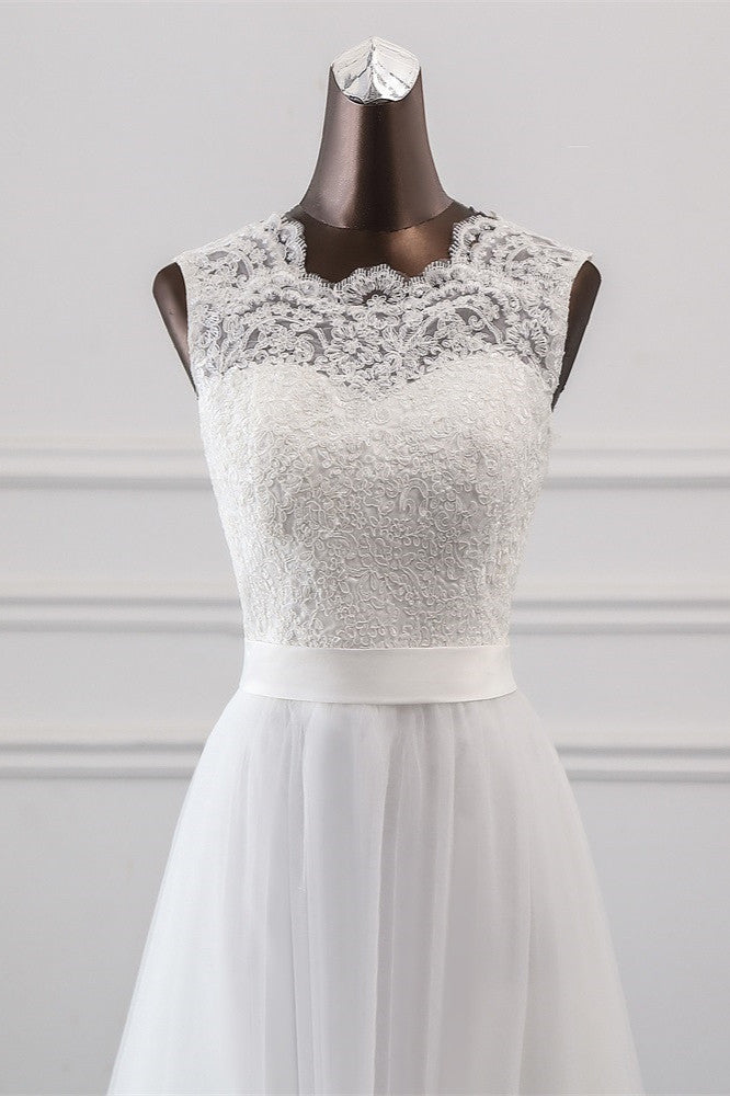 Elegant Long A-line Jewel Tulle Appliques Lace Wedding Dress-showprettydress