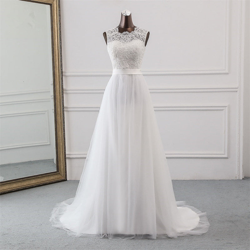 Elegant Long A-line Jewel Tulle Appliques Lace Wedding Dress-showprettydress