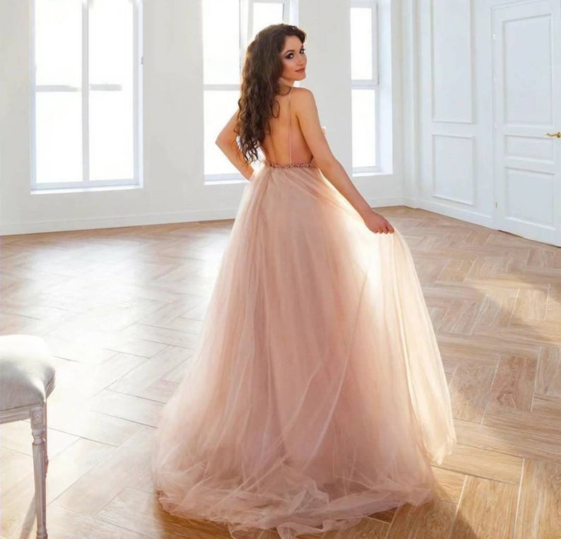 Elegant Long A-line V-neck Backless Tulle Floral Pattern Prom Dress-showprettydress