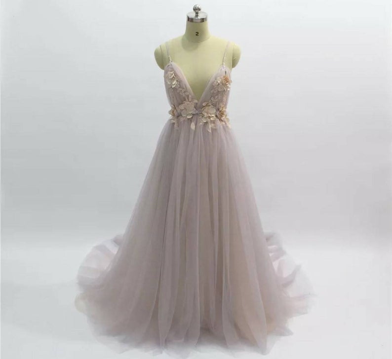 Elegant Long A-line V-neck Backless Tulle Floral Pattern Prom Dress-showprettydress