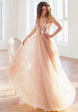 Elegant Long A-line V-neck Backless Tulle Floral Pattern Prom Dress-showprettydress