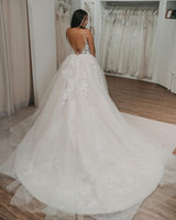 Elegant Long A-line V-neck Tulle Open Back Wedding Dress-showprettydress