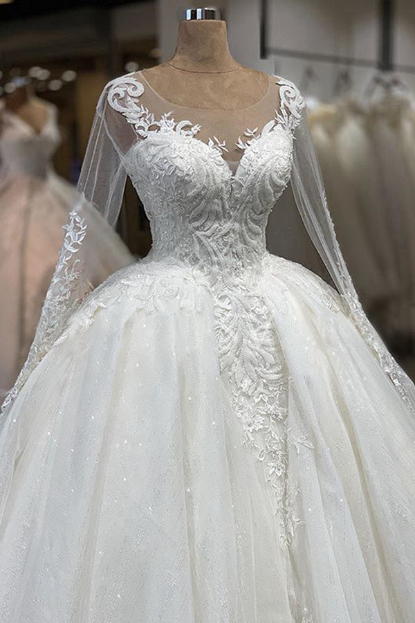 Elegant Long Ball Gown Sweetheart Tulle Wedding Dress with Sleeves-showprettydress