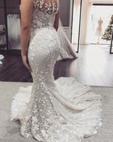 Elegant Long Mermaid Off-the-Shoulder Appliques Lace Backless Wedding Dress-showprettydress