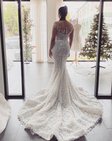 Elegant Long Mermaid Off-the-Shoulder Appliques Lace Backless Wedding Dress-showprettydress