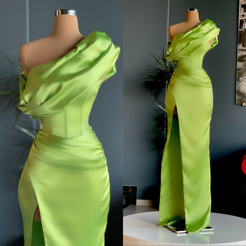 Elegant Long Mermaid One Shoulder Evening Prom Dress With Split-showprettydress