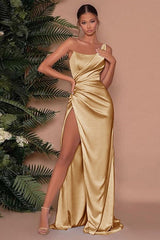 Elegant Long Mermaid One Shoulder Satin Formal Prom Dress With Slit-showprettydress