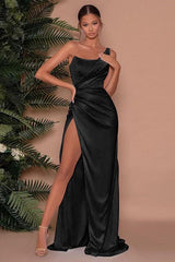 Elegant Long Mermaid One Shoulder Satin Formal Prom Dress With Slit-showprettydress