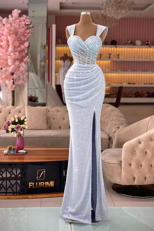 Elegant Long Mermaid Sweetheart Sequined Sleeveless Prom Dress With Slit-showprettydress