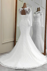 Elegant Long Mermaid Tulle Jewel Wedding Dress with Sleeves-showprettydress