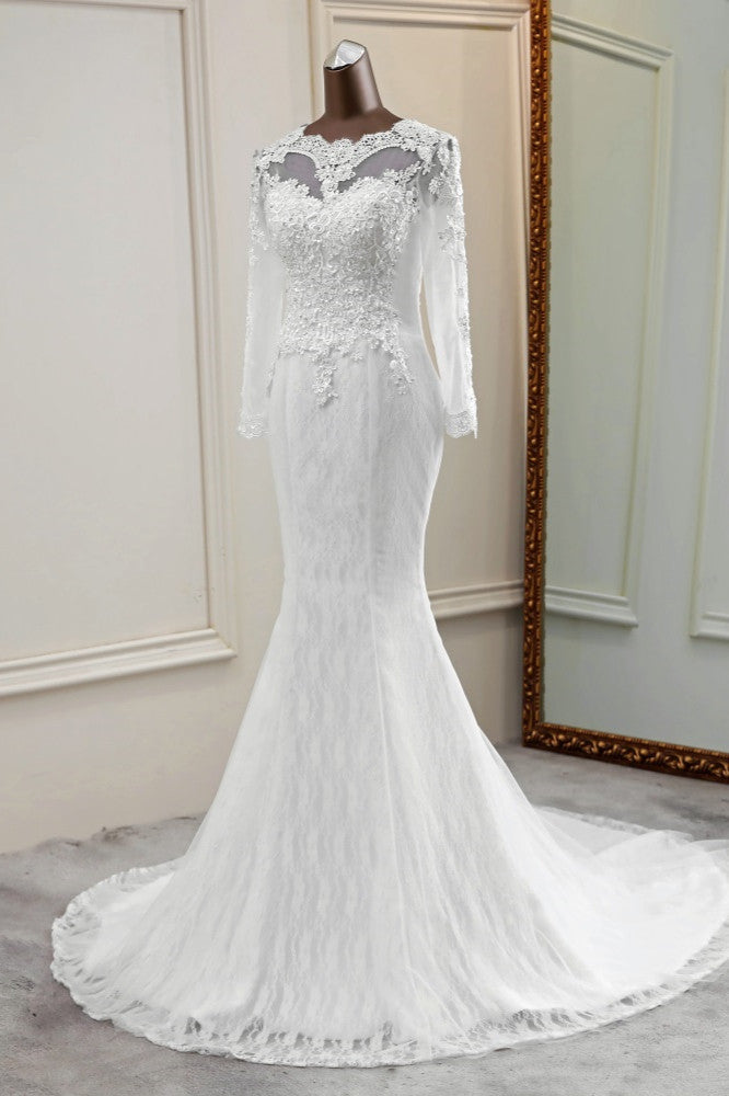 Elegant Long Mermaid Tulle Jewel Wedding Dress with Sleeves-showprettydress