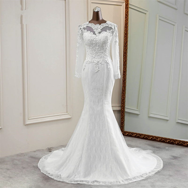 Elegant Long Mermaid Tulle Jewel Wedding Dress with Sleeves-showprettydress