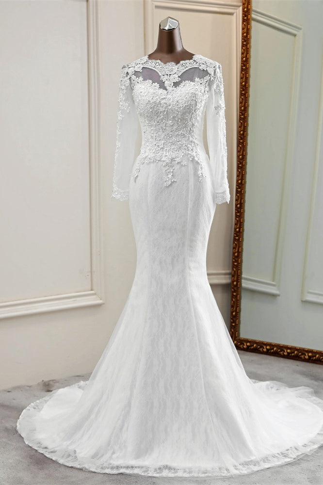 Elegant Long Mermaid Tulle Jewel Wedding Dress with Sleeves-showprettydress