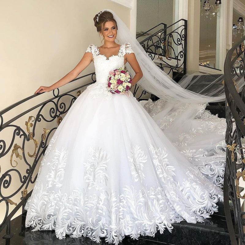 Elegant Long Princess Tulle Lace Wedding Dress with Cap Sleeves-showprettydress