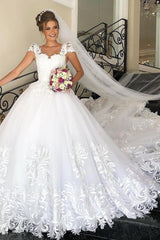 Elegant Long Princess Tulle Lace Wedding Dress with Cap Sleeves-showprettydress