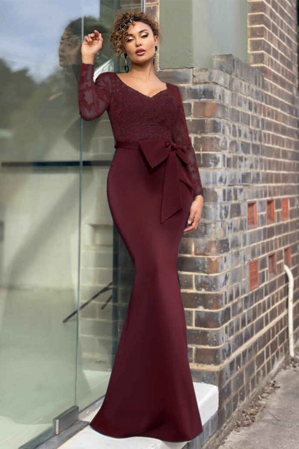 Elegant Long Sleeve Mermaid V-Neck Lace Evening Dress-showprettydress