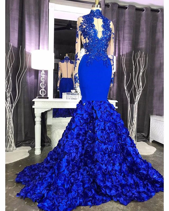 Elegant Long Sleeves Lace Appliques Prom Party Gowns on Sale Fit and Flare Royal Blue Floral Prom Party Gowns with Keyhole-showprettydress