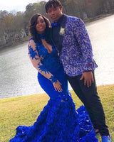 Elegant Long Sleeves Lace Appliques Prom Party Gowns on Sale Fit and Flare Royal Blue Floral Prom Party Gowns with Keyhole-showprettydress