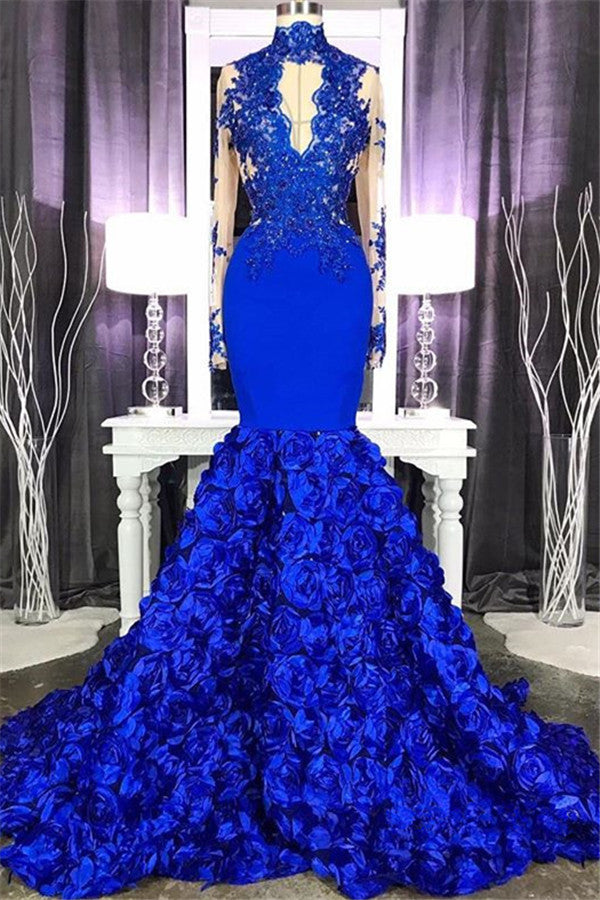 Elegant Long Sleeves Lace Appliques Prom Party Gowns on Sale Fit and Flare Royal Blue Floral Prom Party Gowns with Keyhole-showprettydress