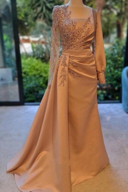 Elegant Long Sleeves Prom Dress Floral Evening Party Dress with Side Sweep Train-showprettydress