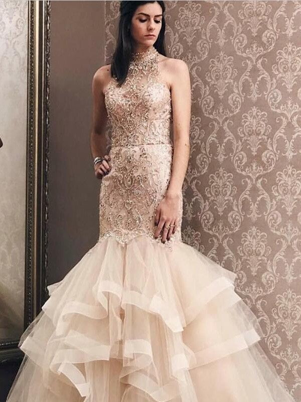 Elegant Mermaid Light Champagne Tulle High Neck Beading Prom Party Gowns| Evening Dress-showprettydress