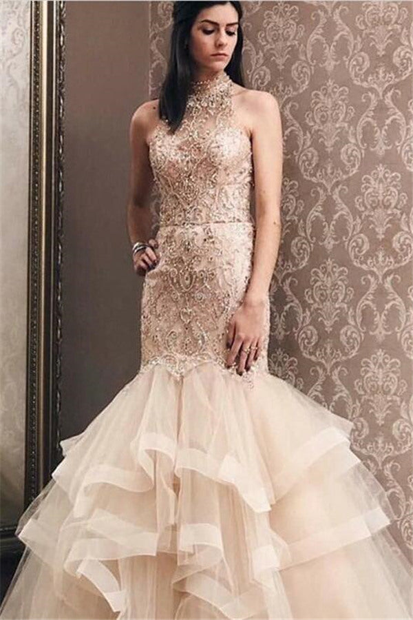 Elegant Mermaid Light Champagne Tulle High Neck Beading Prom Party Gowns| Evening Dress-showprettydress