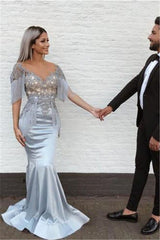 Elegant Mermaid Sky Blue Evening Gowns V-Neck Prom Dresses with Tassels-showprettydress