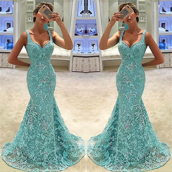 Elegant Mermaid Straps Appliques Sleeveless Floor-Length Prom Party Gowns-showprettydress