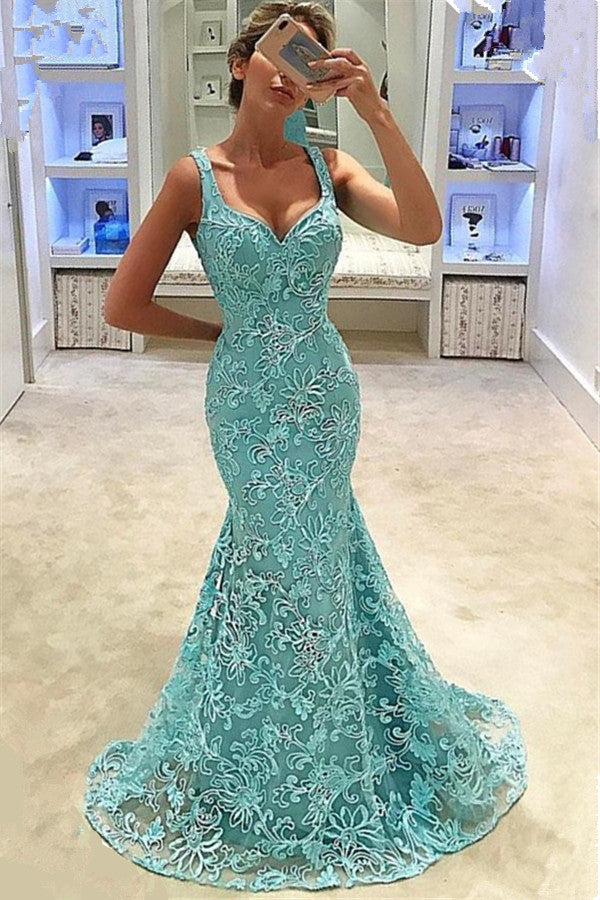 Elegant Mermaid Straps Appliques Sleeveless Floor-Length Prom Party Gowns-showprettydress