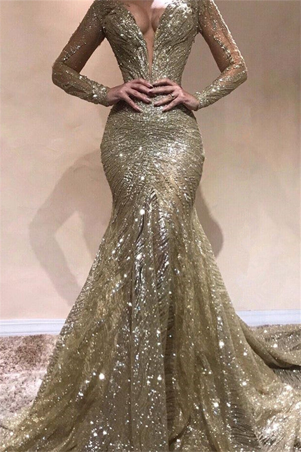 Elegant Mermaid V-Neck Long Sleevess Sequins Prom Dresses-showprettydress