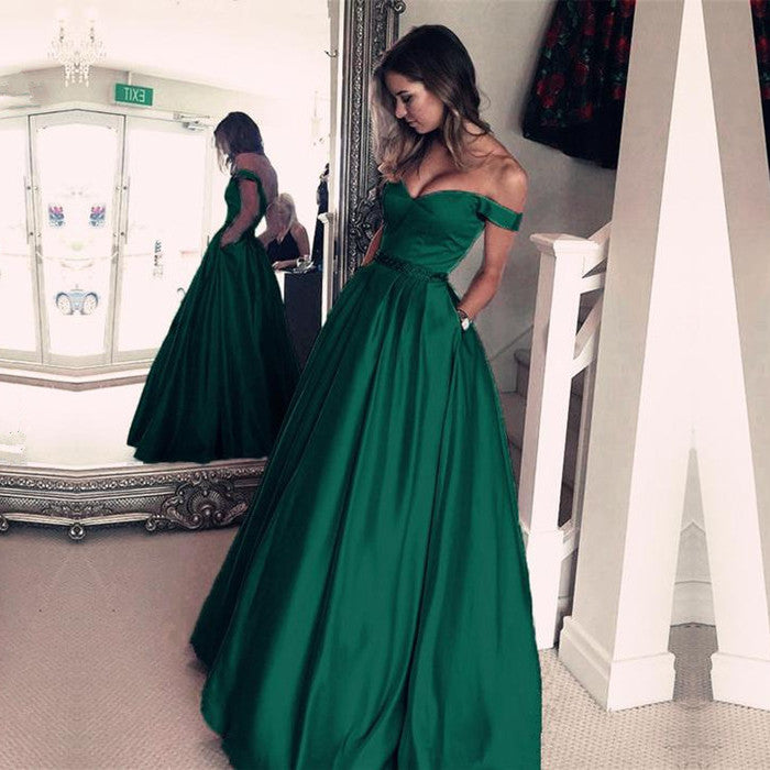 Elegant Off-the-Shoulder Evening Dress Green Long Prom Party Gowns-showprettydress