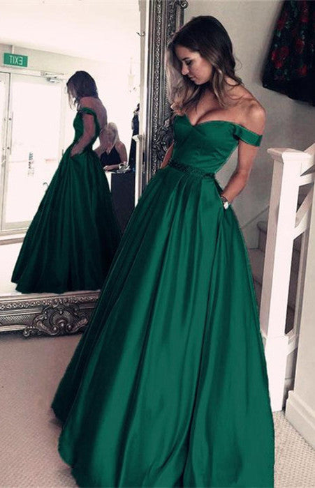 Elegant Off-the-Shoulder Evening Dress Green Long Prom Party Gowns-showprettydress