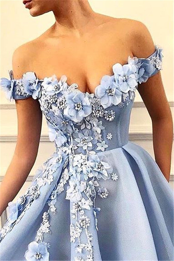 Elegant Off-The-Shoulder Flower Appliques Sleeveless A-Line Prom Party Gowns-showprettydress