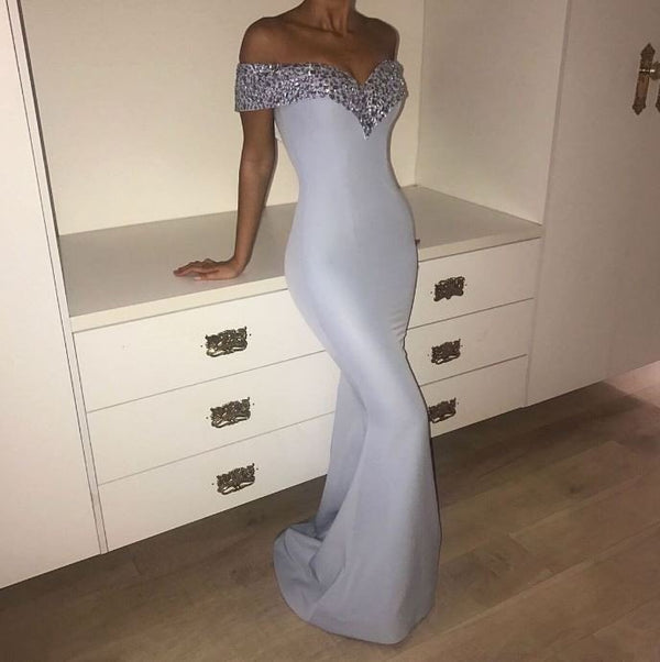 Elegant Off-the-Shoulder Mermaid Crystal Evening Dress-showprettydress