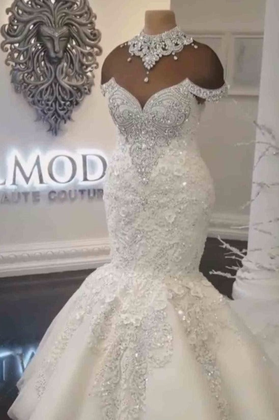 Elegant Off-the-shoulder Sweetheart Mermaid Wedding Dress Sequins Long-showprettydress