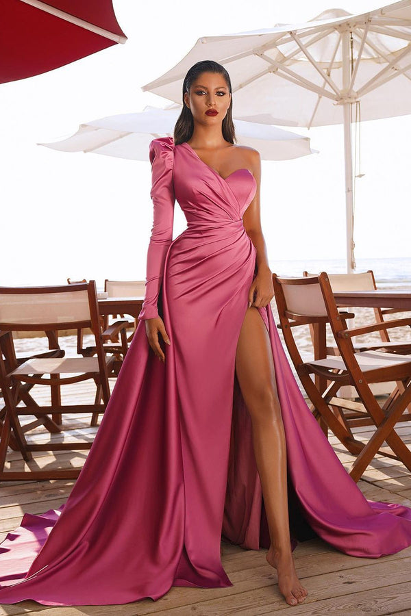 Elegant One Shoulder Long Sleeve Prom Dress With Slit-showprettydress