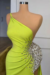 Elegant One Shoulder Mermaid Long Evening Dress With Beads Slit-showprettydress