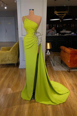 Elegant One Shoulder Mermaid Long Evening Dress With Beads Slit-showprettydress