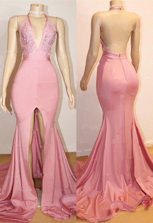 Elegant Pink Prom Party Gowns| Backless Lace Evening Gown With Slit-showprettydress