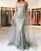 Elegant Princess Tulle Off-the-shoulder Lace Mermaid Prom Dresses-showprettydress