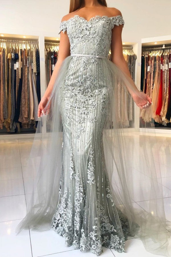 Elegant Princess Tulle Off-the-shoulder Lace Mermaid Prom Dresses-showprettydress