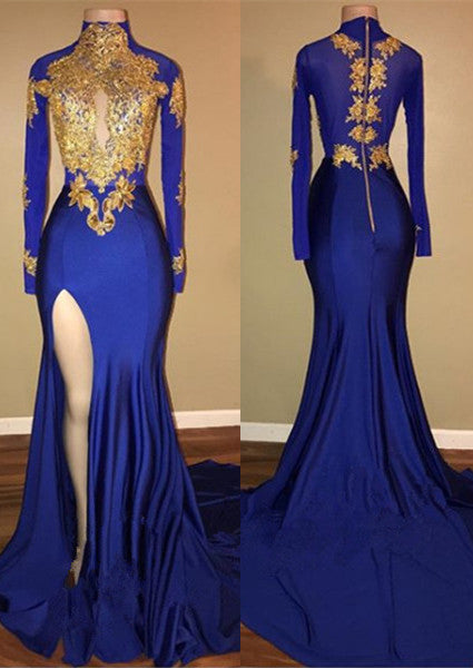 Elegant Royal Blue Prom Party GownsMermaid Long Sleeves With Appliques-showprettydress