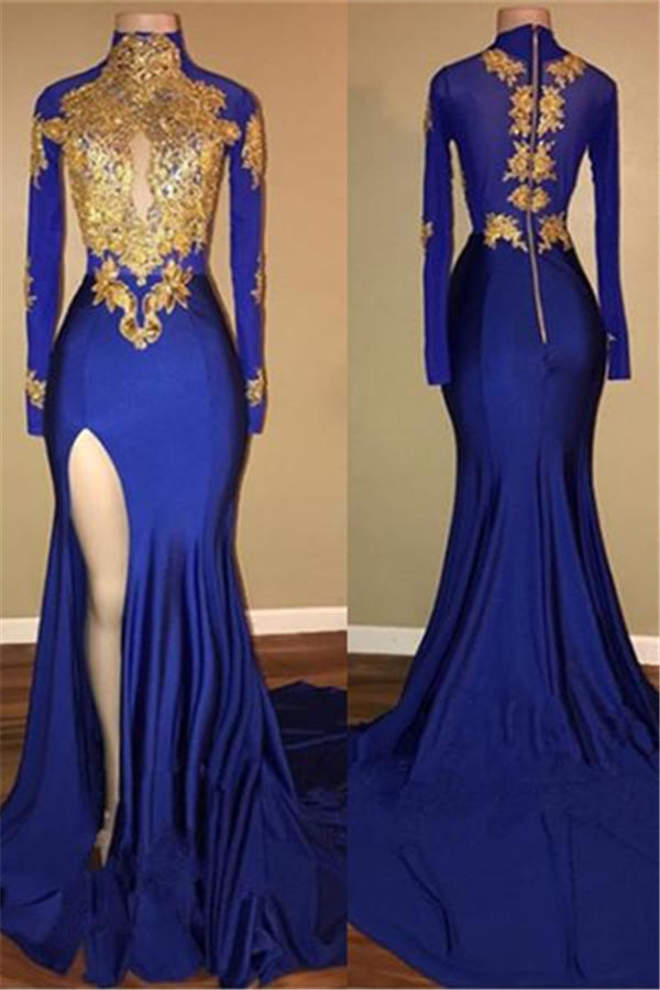 Elegant Royal Blue Prom Party GownsMermaid Long Sleeves With Appliques-showprettydress