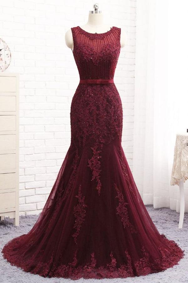 Elegant Scoop Sleeveless Tulle Mermaid Appliques Sequins Zipper Prom Dresses-showprettydress