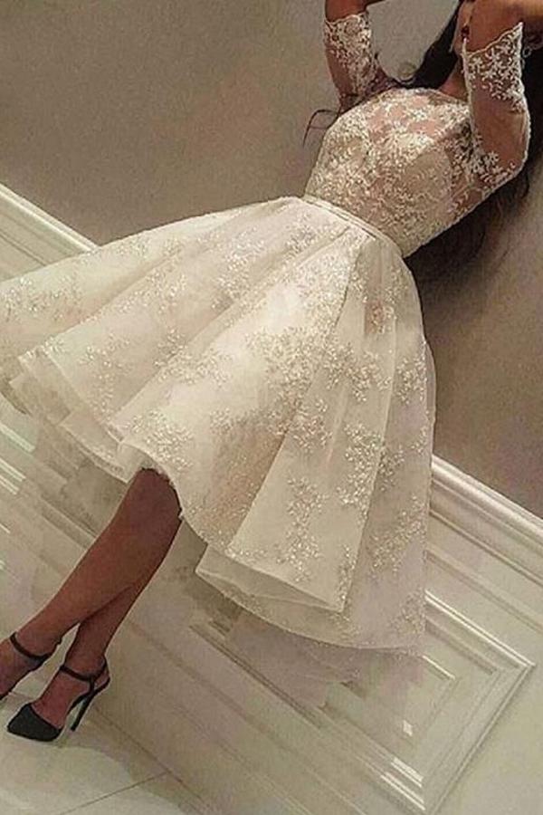 Elegant Short A-line Jewel Tulle Lace Wedding Dress with Sleeves-showprettydress